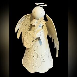 Metal Angel in White Wash. 13” Tall. Skirt 7 1/2” W